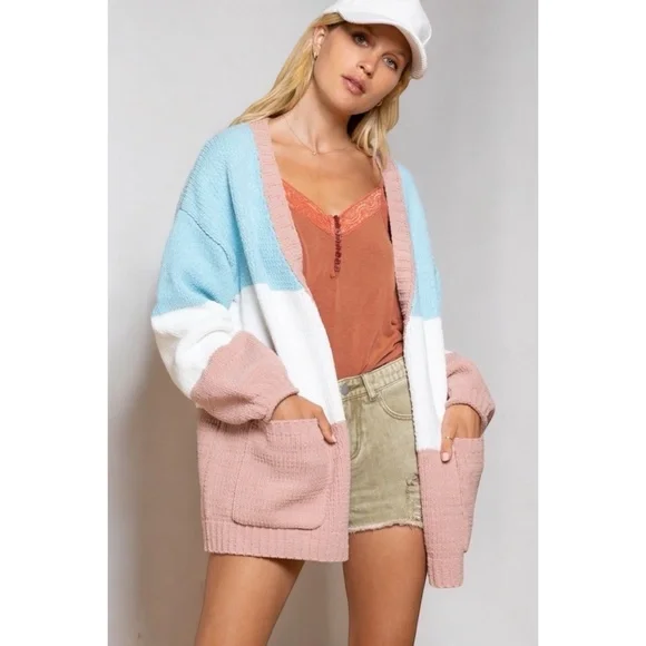 POL Blue & Pink Chenille Button Down Relaxed Fit Cardigan - Picture 7 of 8